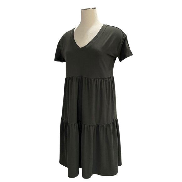 Market & Spruce Olive Green Tiered Babydoll Dress M V Neck Trendy Flowy Casual - Picture 7 of 9